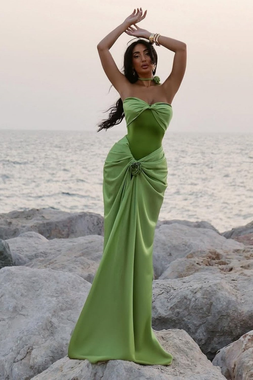 Green Ruched Bodice Mermaid Draped Maxi Prom Dress with Rosette Detail