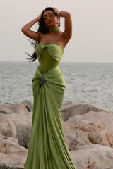 Green Ruched Bodice Mermaid Draped Maxi Prom Dress with Rosette Detail