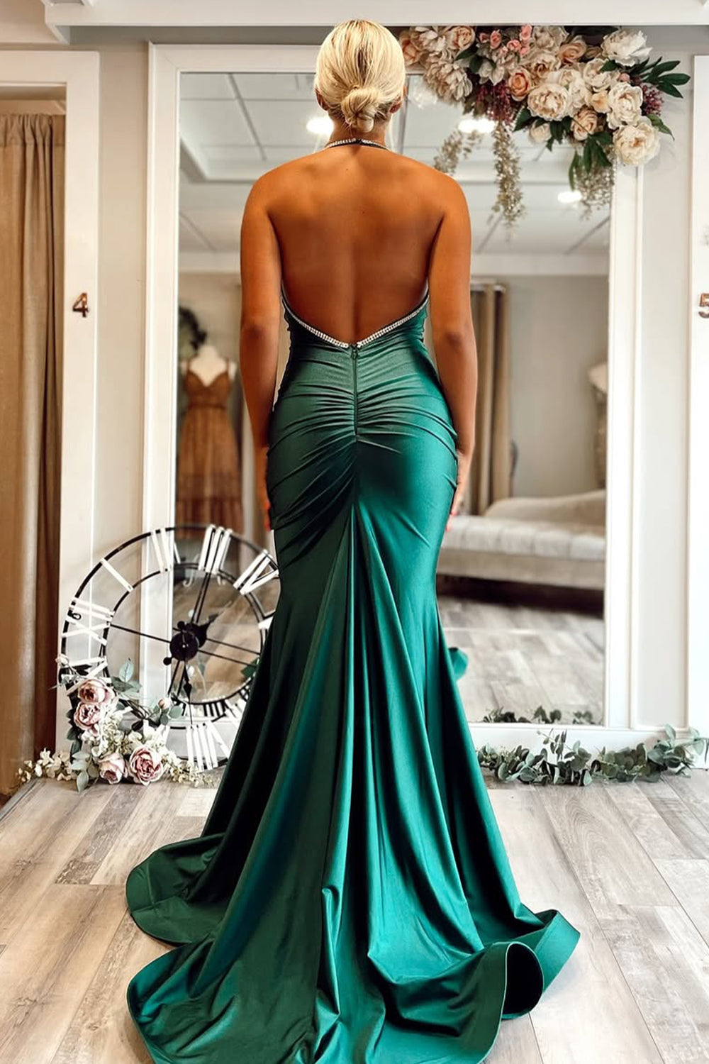 Shiny Emerald Green Satin Mermaid Gown with Halter and Open Back Prom Dress