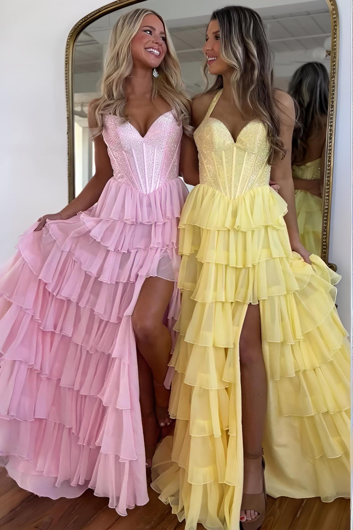 Halter Neck Beaded Top Corset Ruffle Prom Dress with Flowing Skirt and Slit