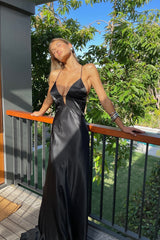Hot A Line Spaghetti Straps Black Long Party Dress with Criss Cross Back Bowknot