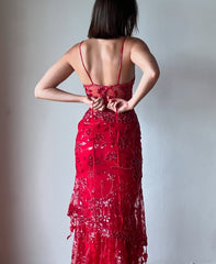 Hot Mermaid Spaghetti Straps Red Long Prom Dress with Embroidery