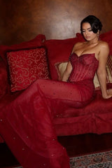 Hot Mermaid Strapless Red Corset Prom Dress with Beading