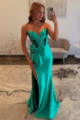 Hot Mermaid Sweetheart Green Long Prom Dress with Keyhole Bowknot
