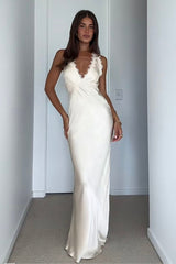 Hot Mermaid Deep V Neck Ivory Long Party Dress with Lace