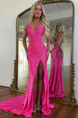 Hot Pink Pearls Beaded Spaghetti Straps Long Prom Dress with Front Slit
