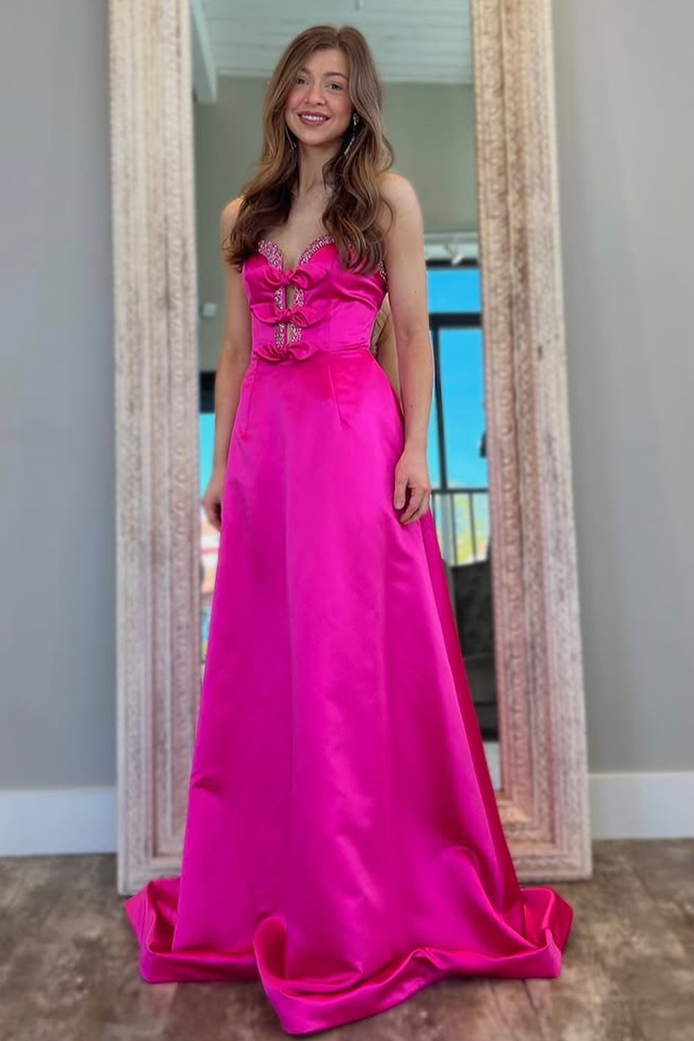 Hot Pink Satin A-Line Prom Dress with Sweetheart Neckline and Bowknots