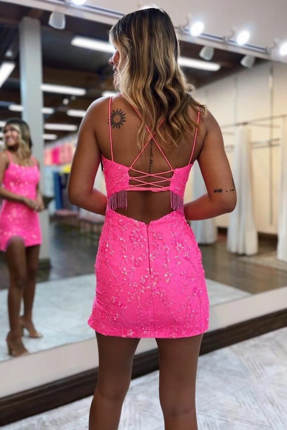 Furlla Women Hot Pink Sequin Lace Up Spaghetti Strap Homecoming Dress with Fringe Hem Detail Furlla Official Furlla Women Hot Pink Sequin Lace Up Spaghetti Strap Homecoming Dress with Fringe Hem Detail Furlla Official
