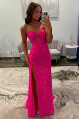 Hot Pink Sweetheart Lace Mermaid Prom Dress with Corset Bodice and Slit
