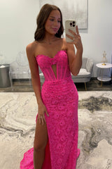 Hot Pink Sweetheart Lace Mermaid Prom Dress with Corset Bodice and Slit