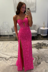 Hot Pink Sweetheart Lace Mermaid Prom Dress with Corset Bodice and Slit