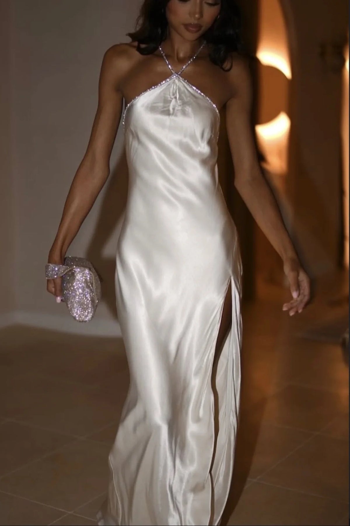 white hot party dresses White Satin Cocktail Dress: Deep V-neck Fit & Flare Party Dress