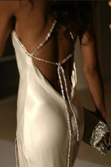 Hot Sheath Halter Neck White Long Party Dress with Split Front Beading