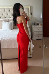 Hot Mermaid Strapless Red Long Prom Dress with Ruched Slit