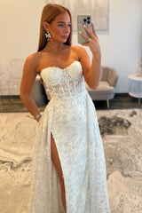 Ivory Lace Strapless Prom Dress with Sheer Corset Bodice and Sweep-Brush Train