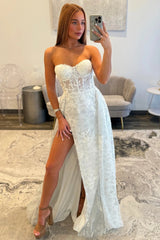 Ivory Lace Strapless Prom Dress with Sheer Corset Bodice and Sweep-Brush Train
