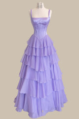 Lavender Chiffon Tiered Ruffle Formal Prom Dress with Corset Bodice