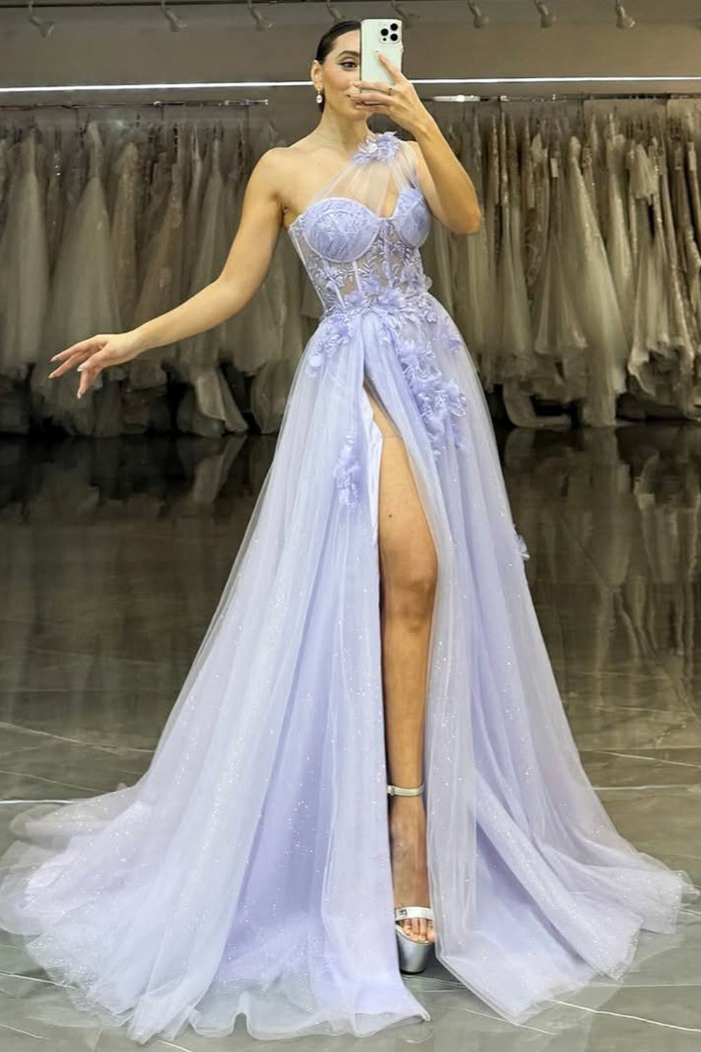 Lavender One-Shoulder Floral Appliqué Tulle Prom Gown with High Slit