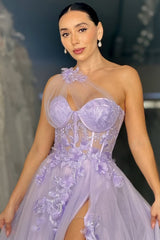 Lavender One-Shoulder Floral Appliqué Tulle Prom Gown with High Slit