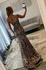Leopard Print Strapless Mermaid Corset Prom Dress with Beaded Bodice