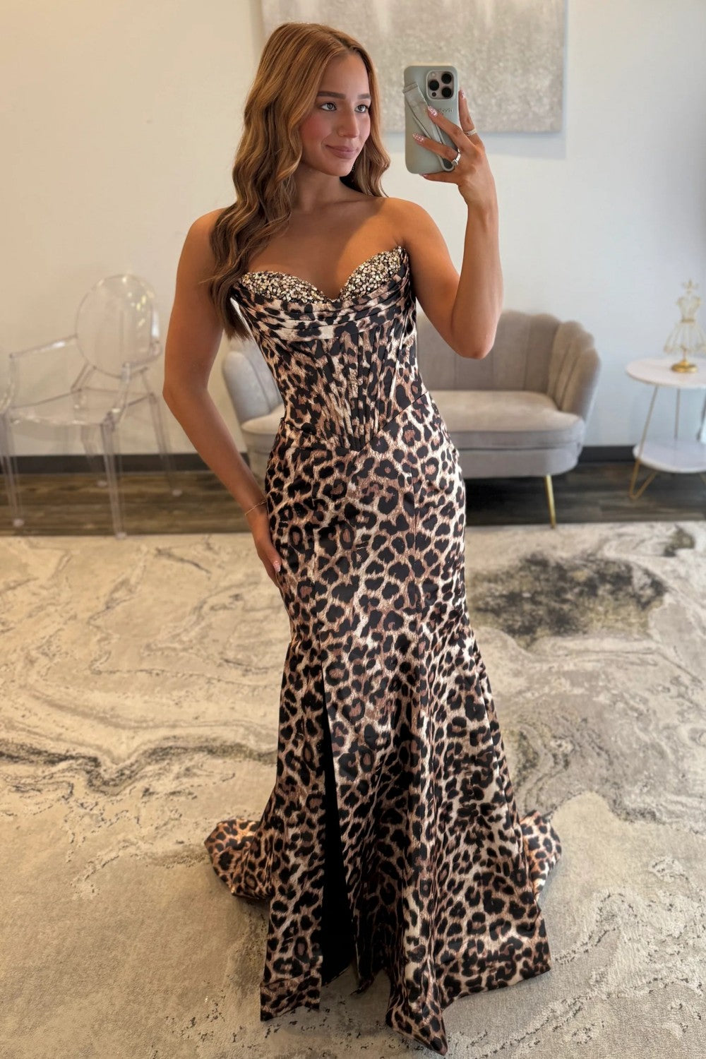 Leopard Print Strapless Mermaid Corset Prom Dress with Beaded Bodice