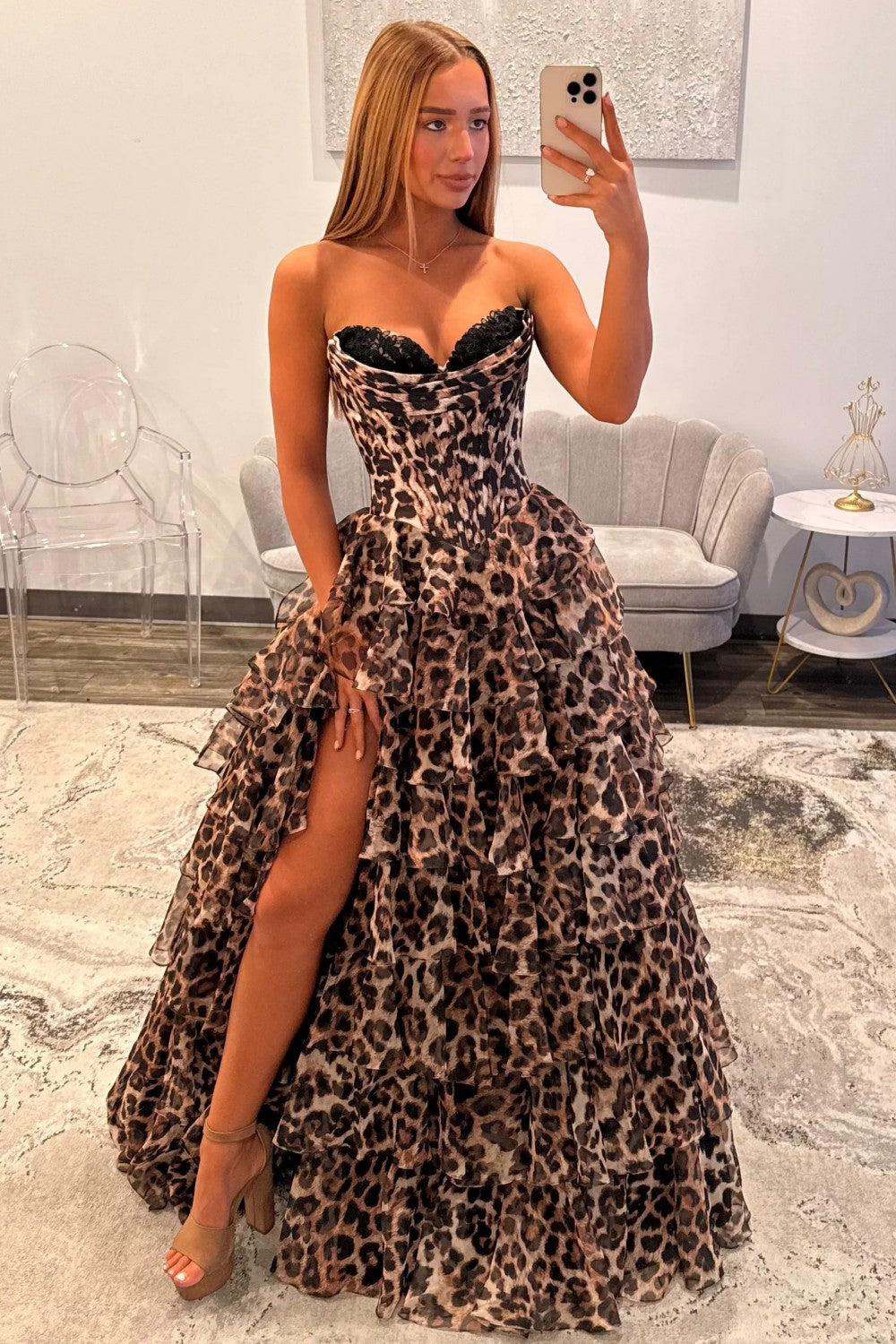 Leopard Print Sweetheart Corset Prom Dress With Tiered Ruffles