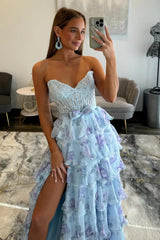 Light Blue A-Line Floral Tiered Ruffle Corset Prom Dress with Slit and Lace Up Back