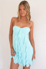 Light Blue Cascade Ruffle Spaghetti Straps Flowy Homecoming Dress