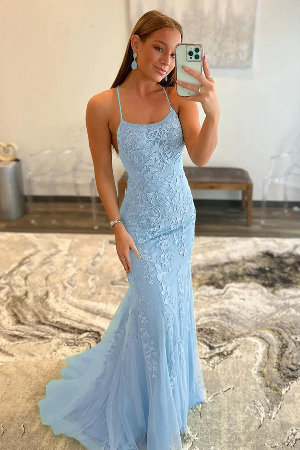 Light Blue Lace Appliqué Mermaid Prom Dress with Spaghetti Straps