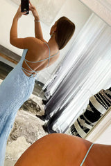 Light Blue Lace Appliqué Mermaid Prom Dress with Spaghetti Straps