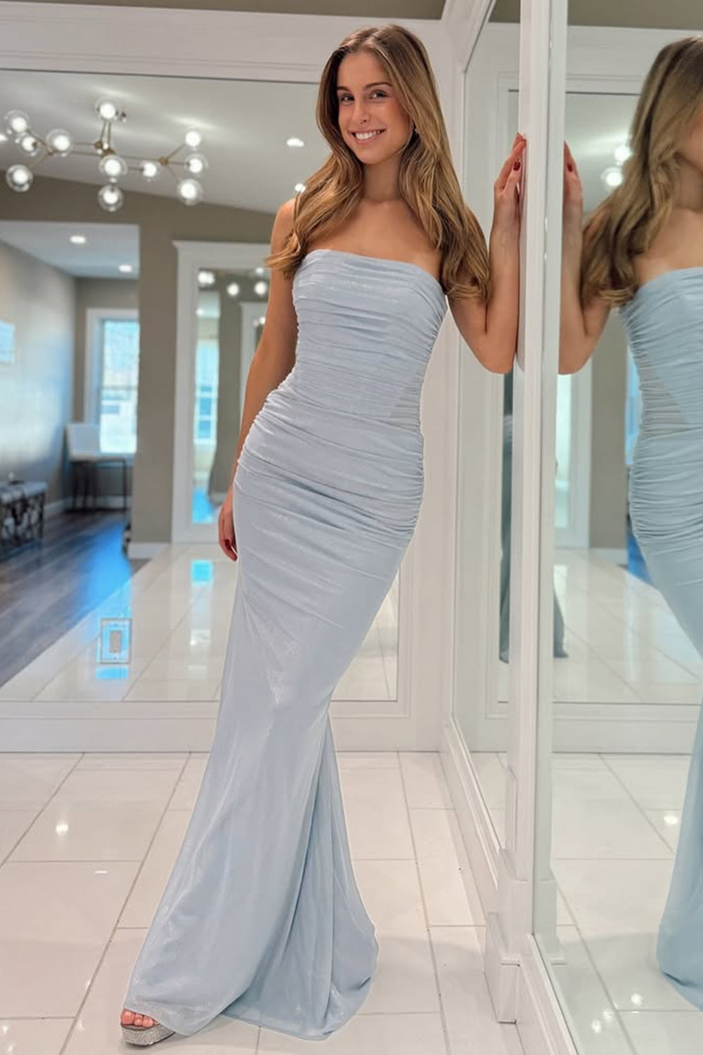 Light Blue Mermaid Gown with Metallic Shine and Pleated Details Prom Dress