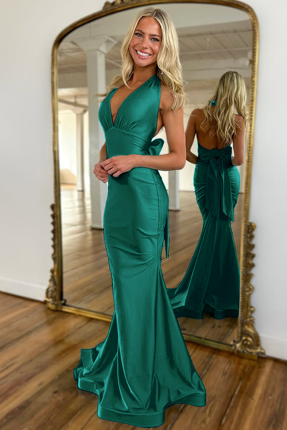 Light Blue Halter Neck Backless Long Mermaid Satin Prom Dress with Bow-knot