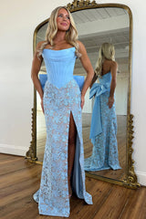 Light Blue Strapless Corset Lace Mermaid Prom Dress with Slit and Bow Back