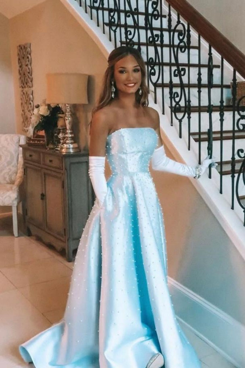 Light Blue AStrapless Satin Prom Ball Gown with Pearl Details
