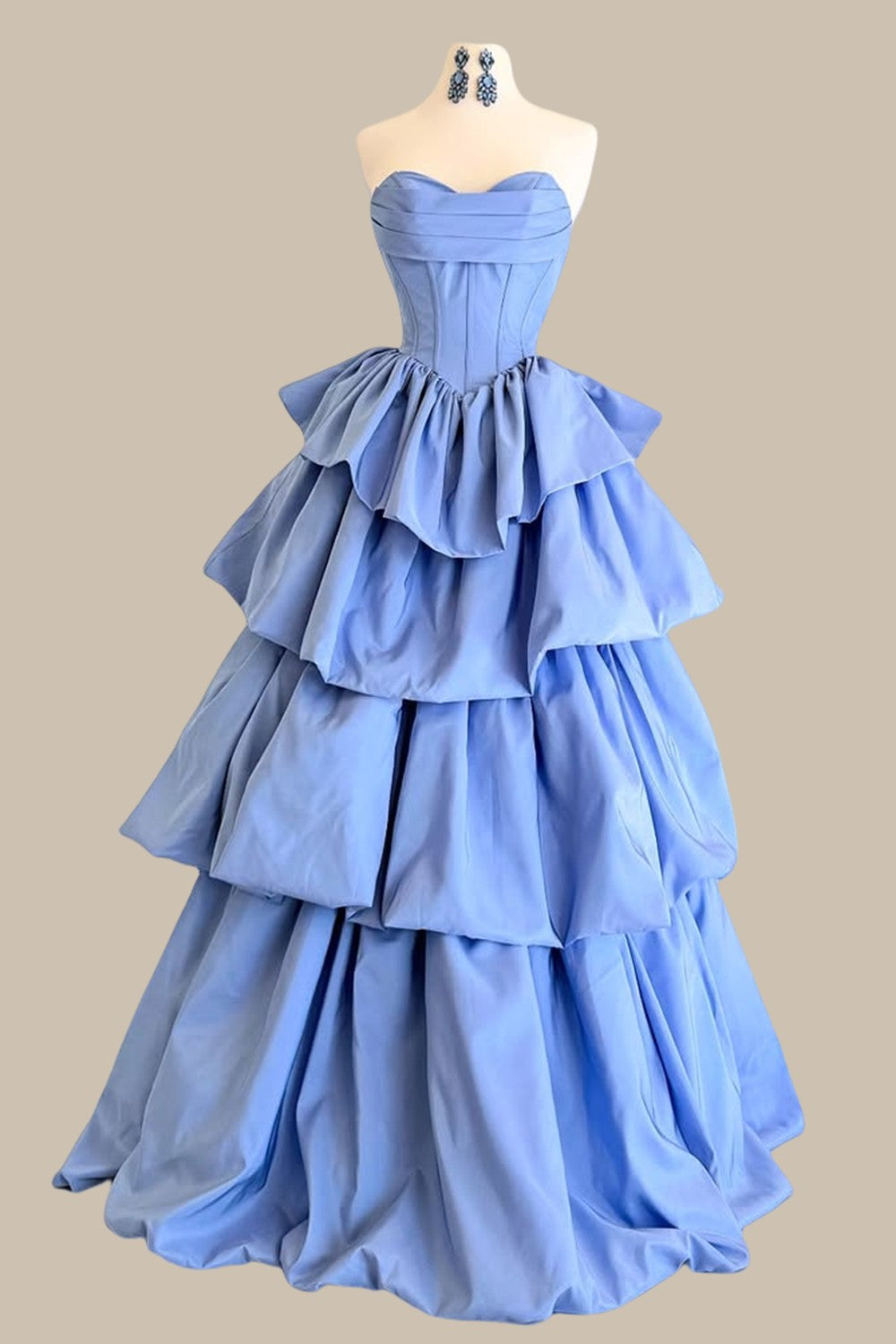 Sweetheart Neckline Light Blue Corset Prom Gown in A Line Cut with Tiered Ball Gown Skirt