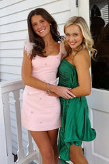 Light Pink Feather Strap Embellished Mini Homecoming Dress