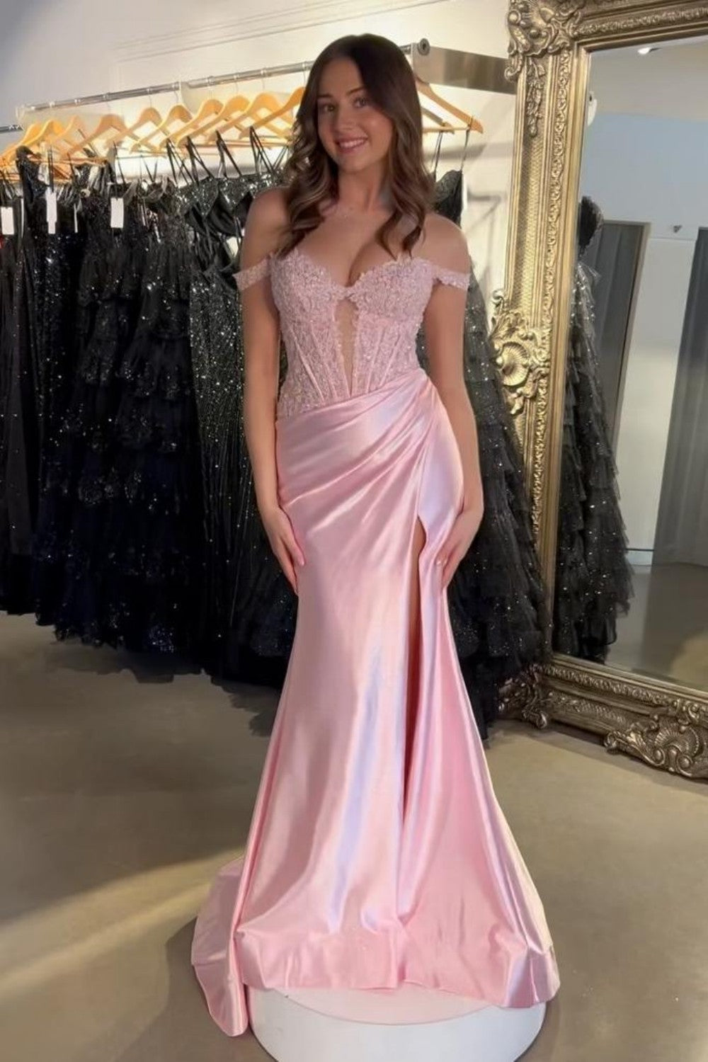 Light Pink Prom Dress with Off the Shoulder Neckline Lace Top and Satin Skirt with Slit