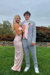 Light Pink Satin Spaghetti Strap Ruched Bust Prom Dress with High Leg Slit