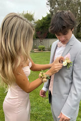 Light Pink Satin Spaghetti Strap Ruched Bust Prom Dress with High Leg Slit