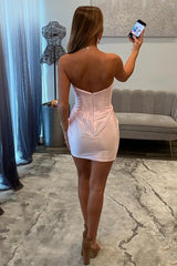 Light Pink Satin Strapless Homecoming Dress with Rhinestone Trim and Ruched Skirt