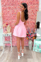 Light Pink Straps Open Back Fit and Flare Mini Homecoming Dress