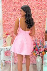 Light Pink Straps Open Back Fit and Flare Mini Homecoming Dress