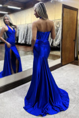 Lilac Halter Corset Satin Long Mermaid Prom Dress with Slit