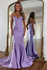 Lilac Satin Strapless Mermaid Prom Dress with Structured Corset Bodice