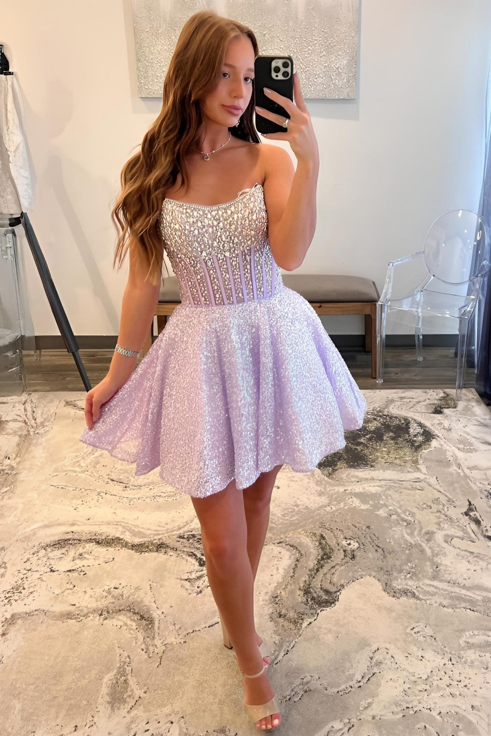 Lilac Sequin Fit and Flare Homecoming Dress with Rhinestone Corset Bodice