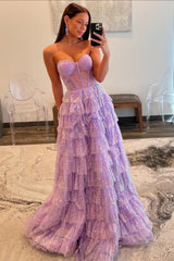 Lilac Sparkly A-Line Sweetheart Long Ruffle Prom Dress with Slit