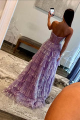 Lilac Sparkly A-Line Sweetheart Long Ruffle Prom Dress with Slit