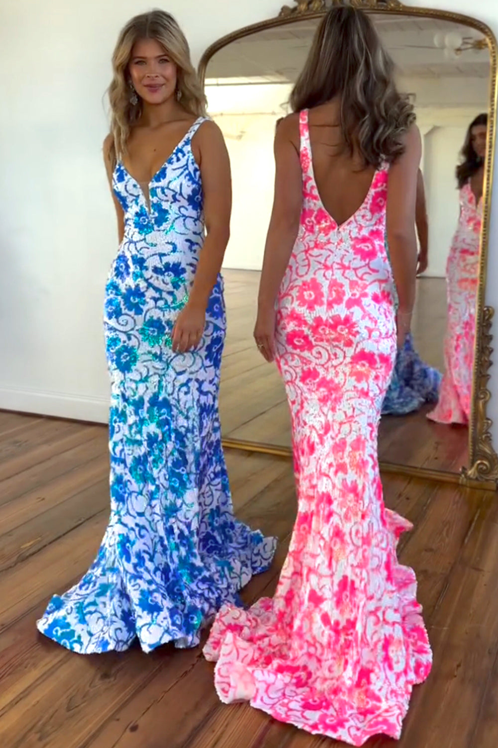 Long Spaghetti Straps Mermaid Prom Dress with Deep V Neck and Sequins Pattern