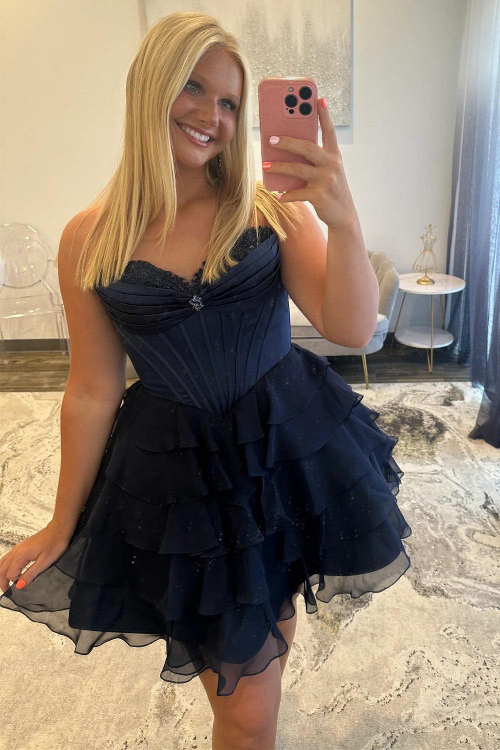 Lovely A-Line Corset Homecoming Dress with Lace Trim and Tiered Ruffle Skirt