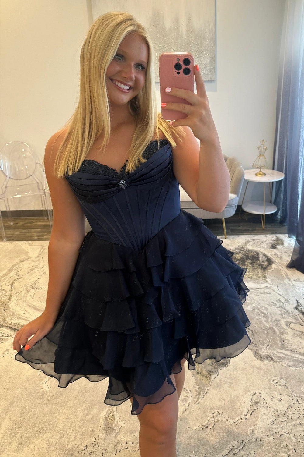 Lovely A-Line Corset Homecoming Dress with Lace Trim and Tiered Ruffle Skirt